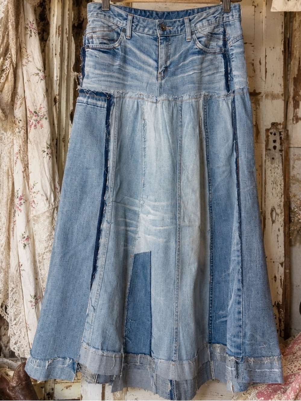 Reworked Upcycled Patchwork Denim Skirt